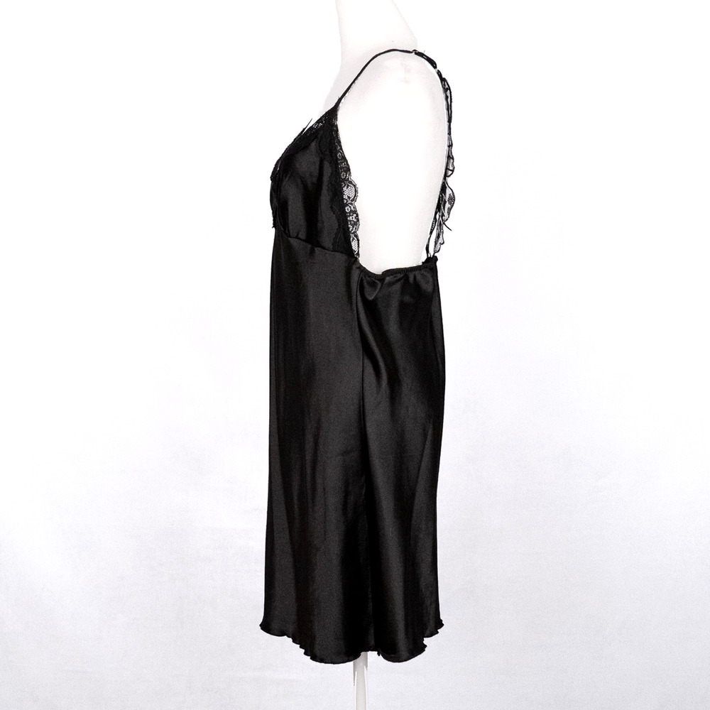 Black Satin Slip Dress Sheer Butterfly Lace LARGE Fairycore Whimsigoth Romantic - Picture 6 of 6